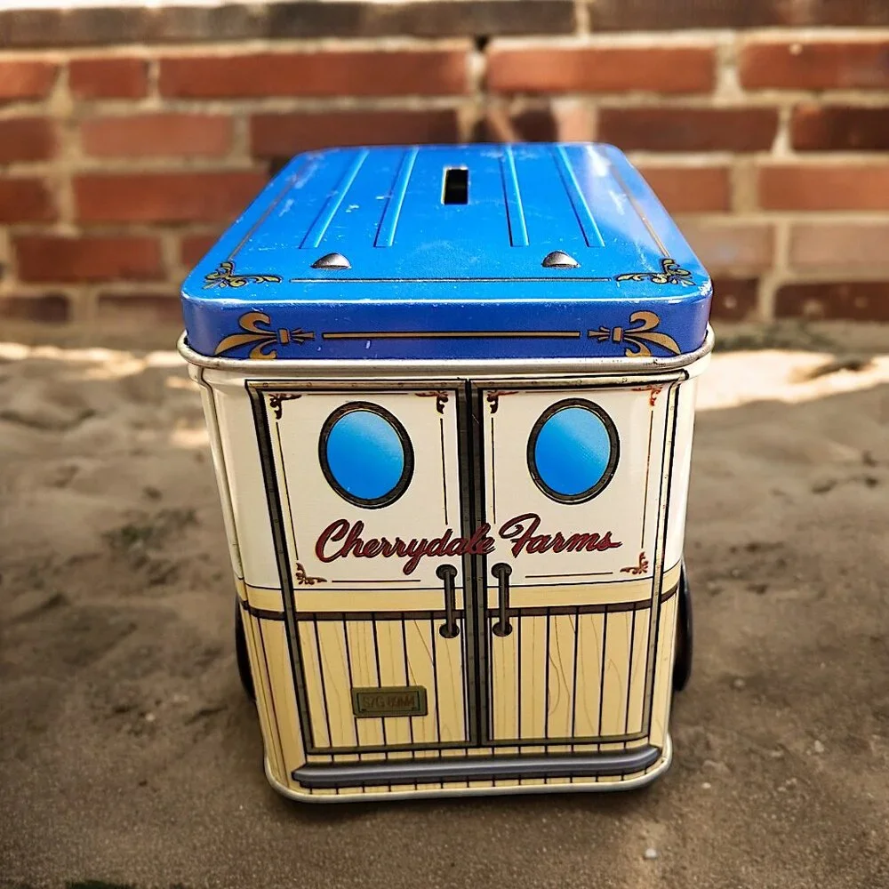 Tin Delivery Truck Coin Bank Vintage Cherrydale Farms w/Spinning Wheels - Picture 3 of 15
